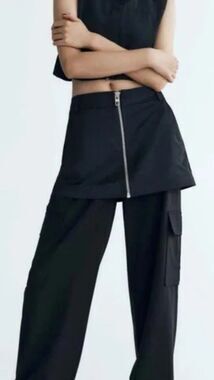 Zara Wide Leg Trouser Pants With Skirt Zip Detail Sz Small Bloggers Favorite Blk